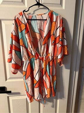 Women's Orange Patterned V-Neck Romper with Drawstring Waist